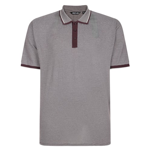 Front view of marled polo shirt with maroon trim.